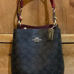 NEWER COACH Red/Brown Signature Coated Canvas and Leather Small Town Bucket Bag!